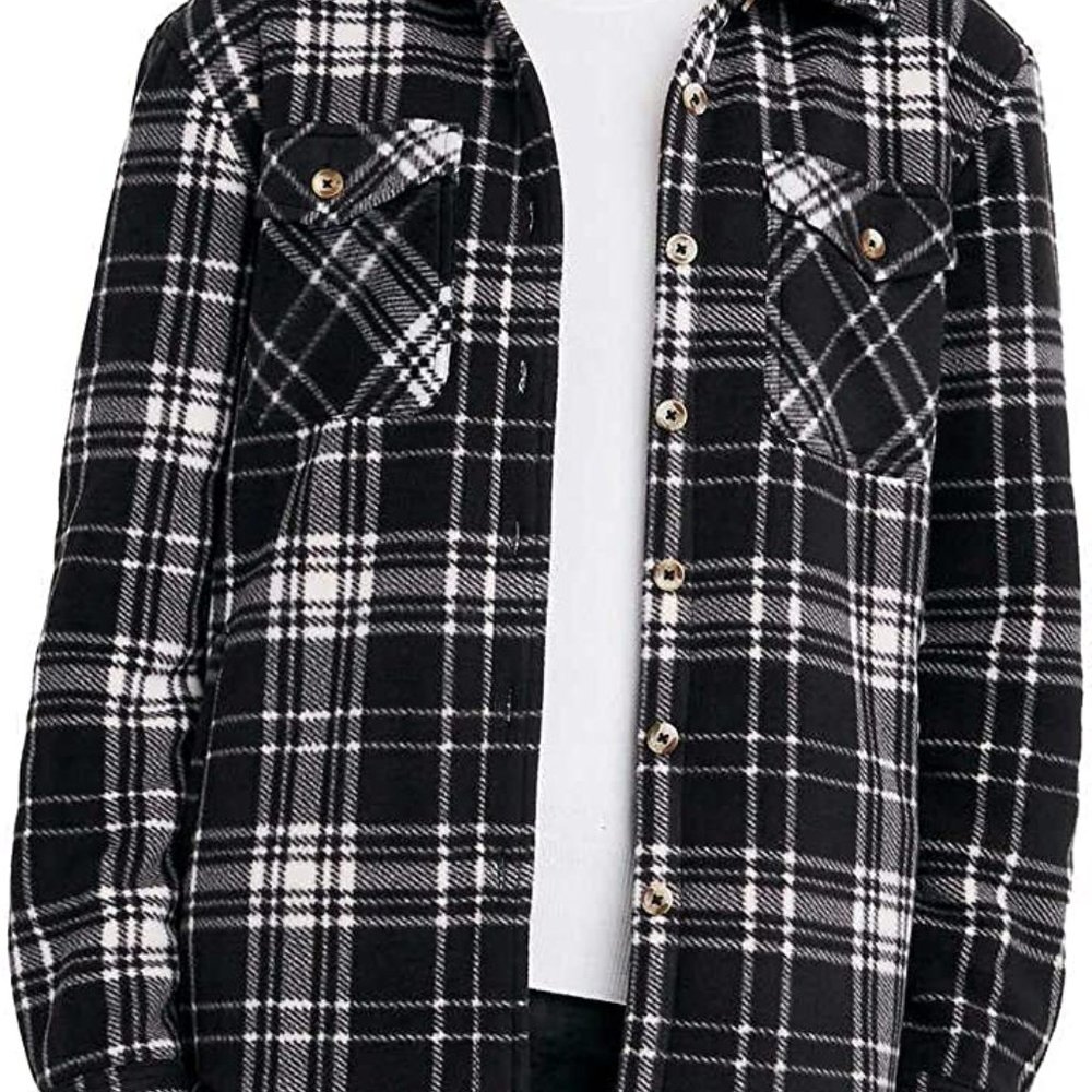 Sage Collective Womens Plush Shirt Jacket / Shacket Black Flannel Plaid